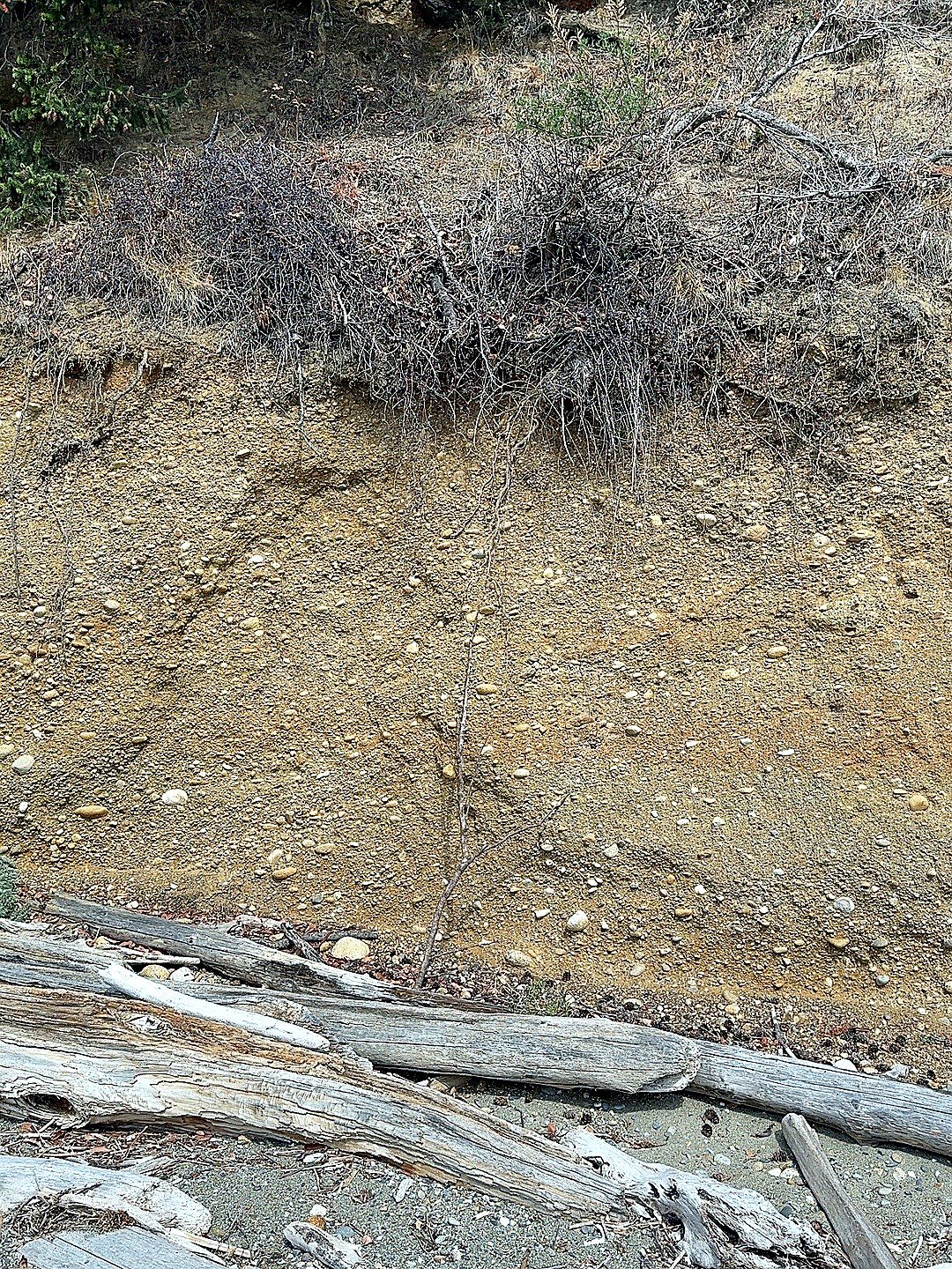 Flat layers, diagonal layers, and small erosion grooves in the same cliff