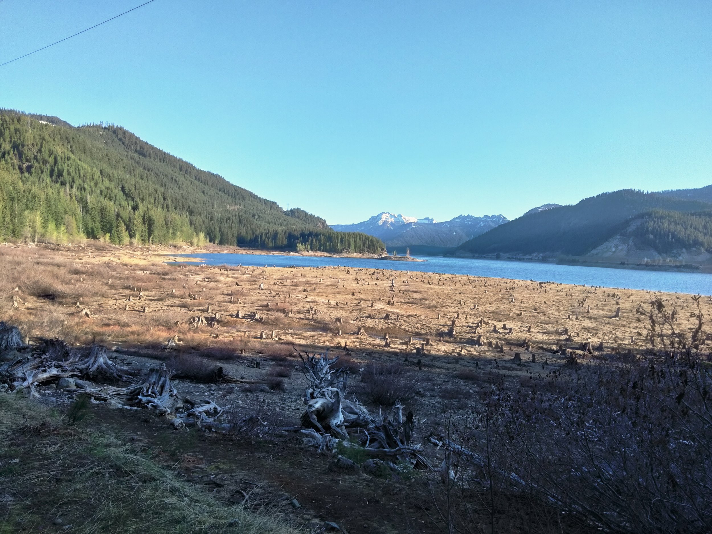 Exposed shoreline at low water level