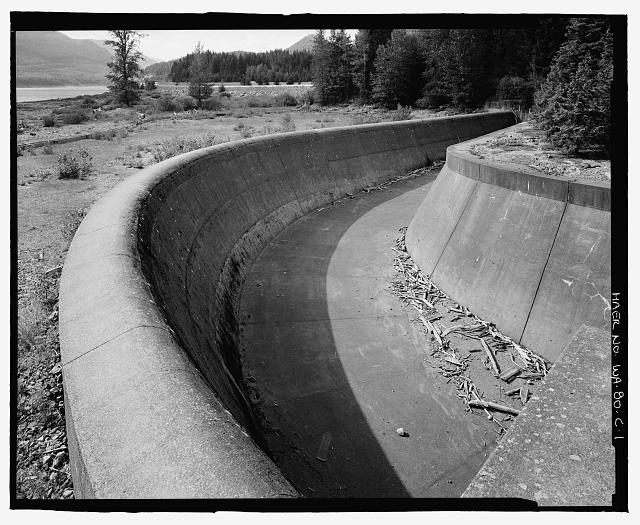 Keechelus Dam spillway panorama, historic photo