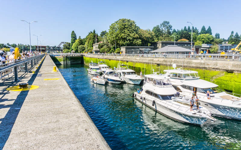 Modern vessels passing through the Ballard Locks, Seattle
