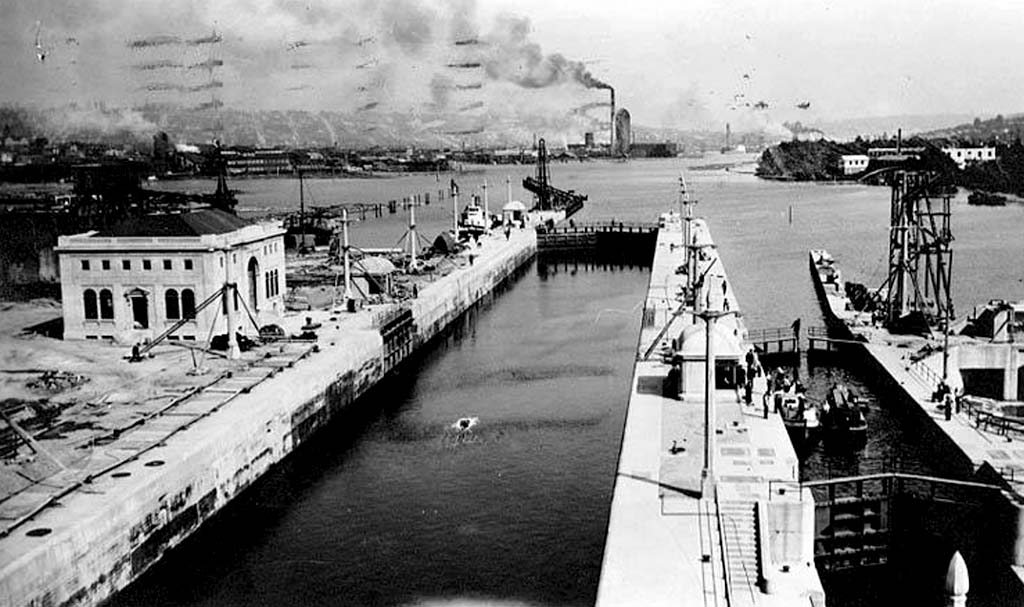 Historic photograph of the Lake Washington Ship Canal, circa 1916