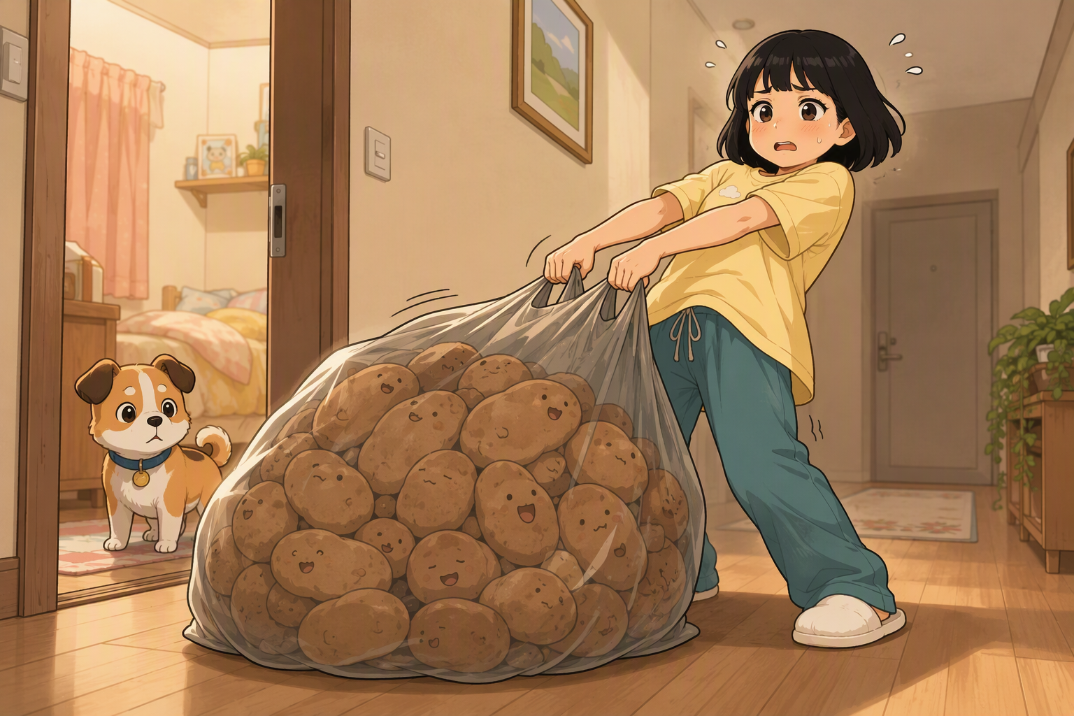 The girl drags a heavy bag full of the lumps while her dog watches from the doorway.