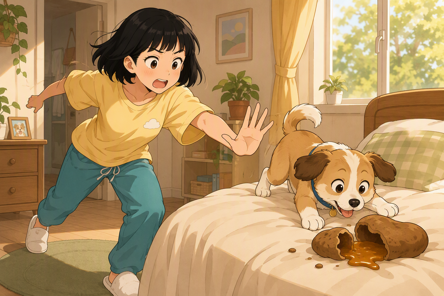 A dog approaches the lumps on the bed while the girl reaches out to stop it.